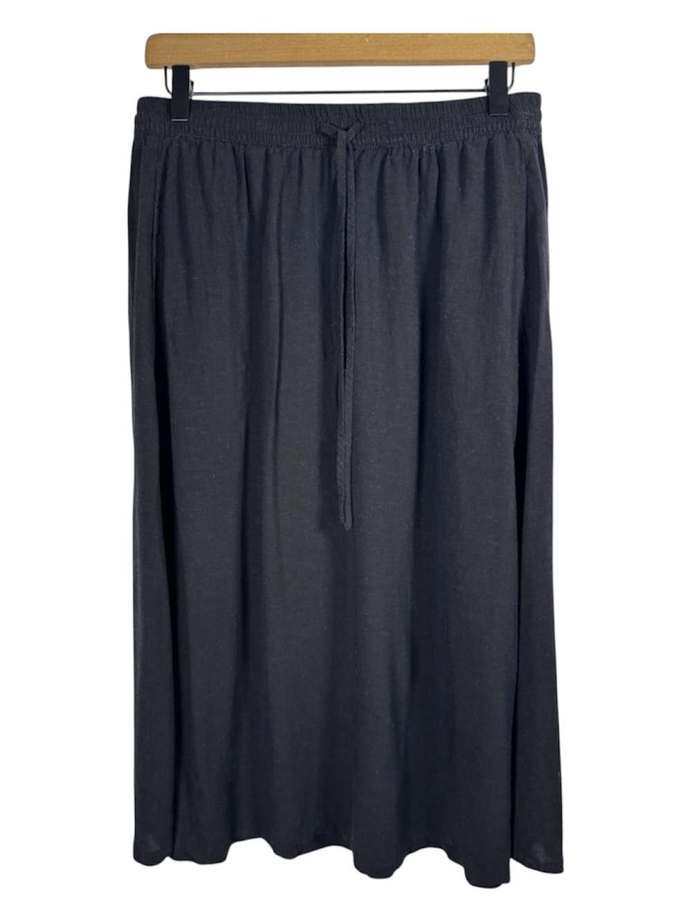 BECOOL Linen Blend Drawstring Waist Black Midi Skirt Sz L